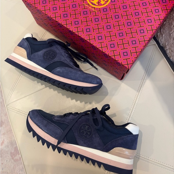 Tory Burch Shoes - Tory Burch Women’s Navy, Pink and Ivory Logo Sneakers